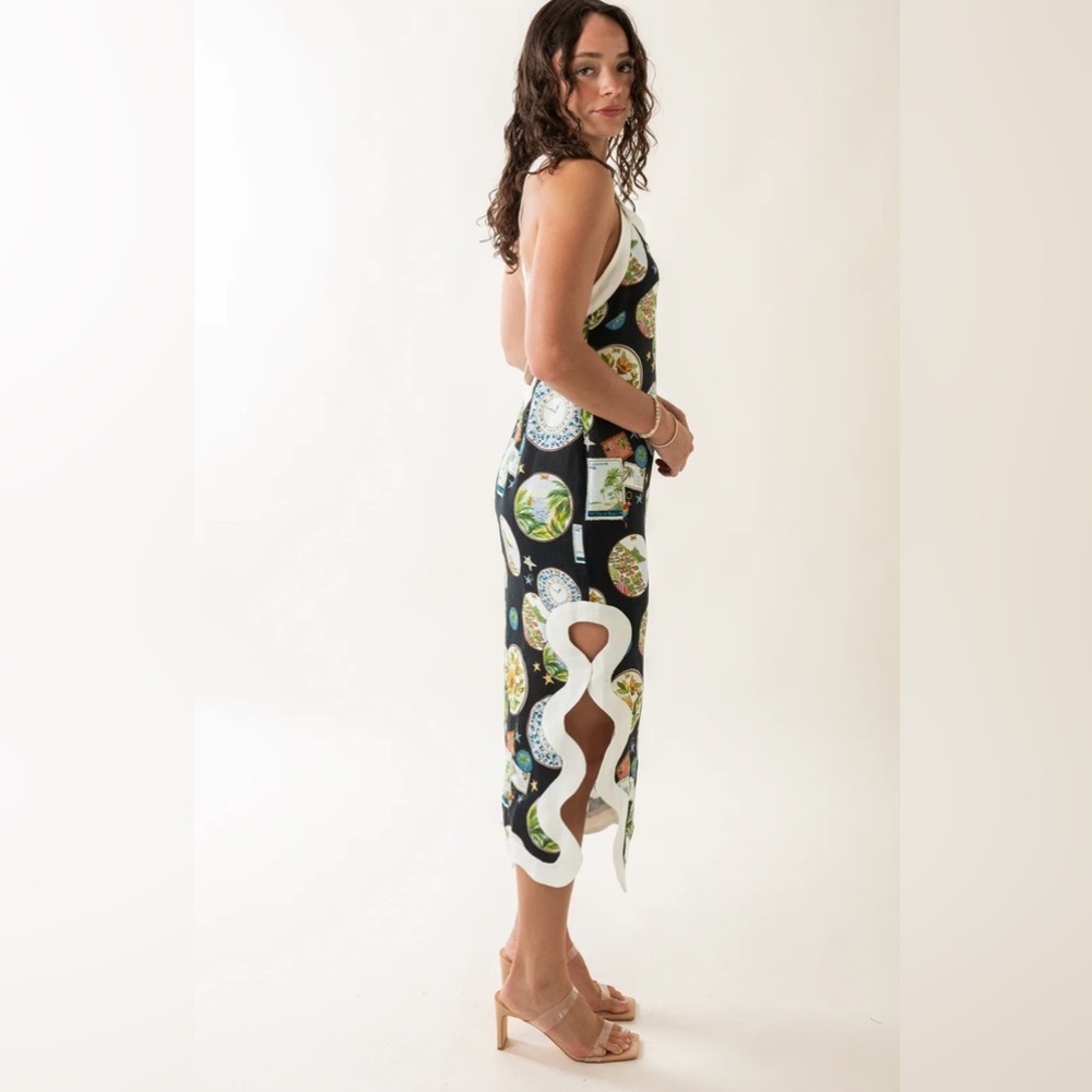 🎉RARE🎉 Farm Rio NWT Anthropologie Linen Scallop-Trim Slim Midi Dress size S. - Picture 12 of 16